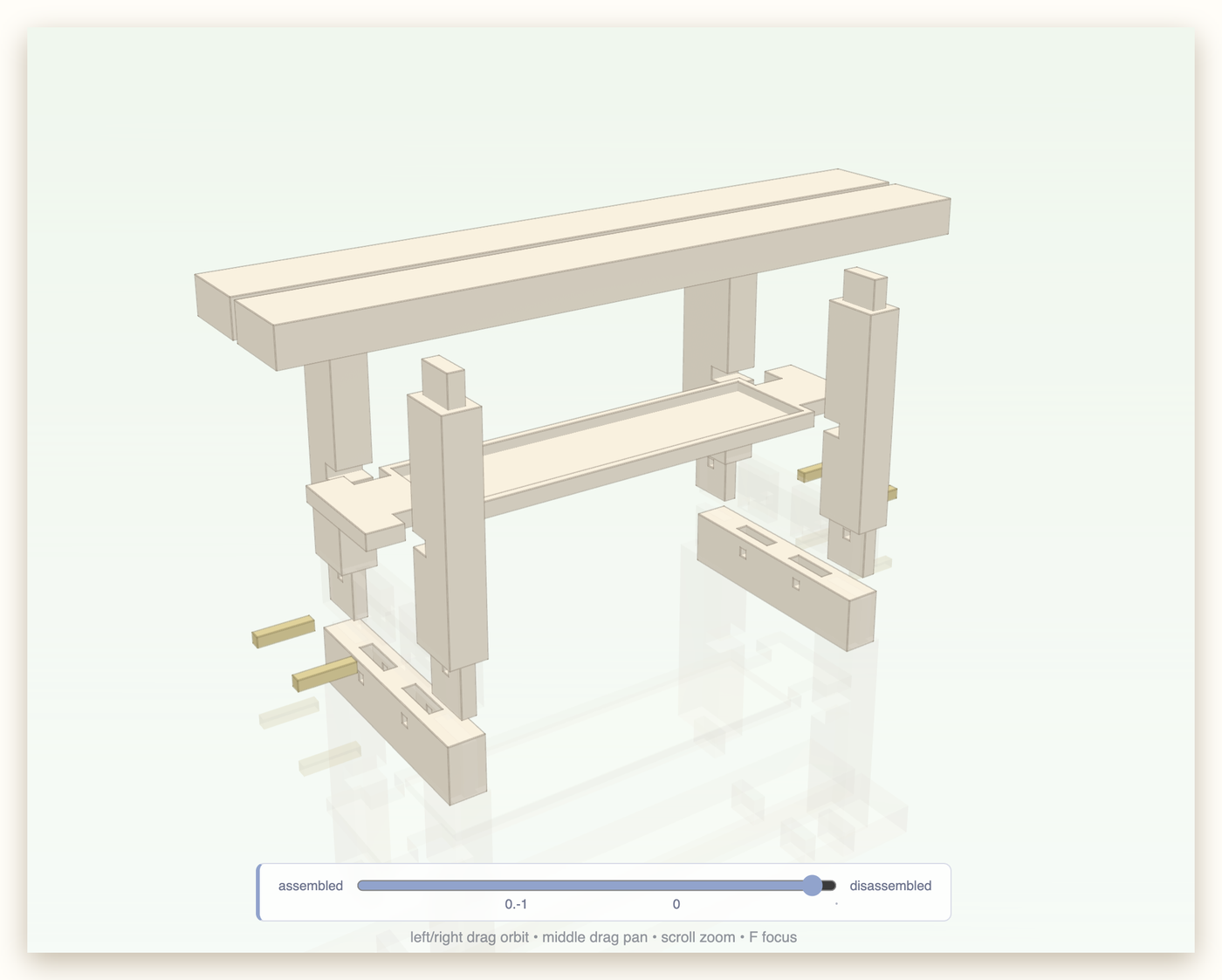 A coffee table part-way disassembled, with the assembly timeline slider