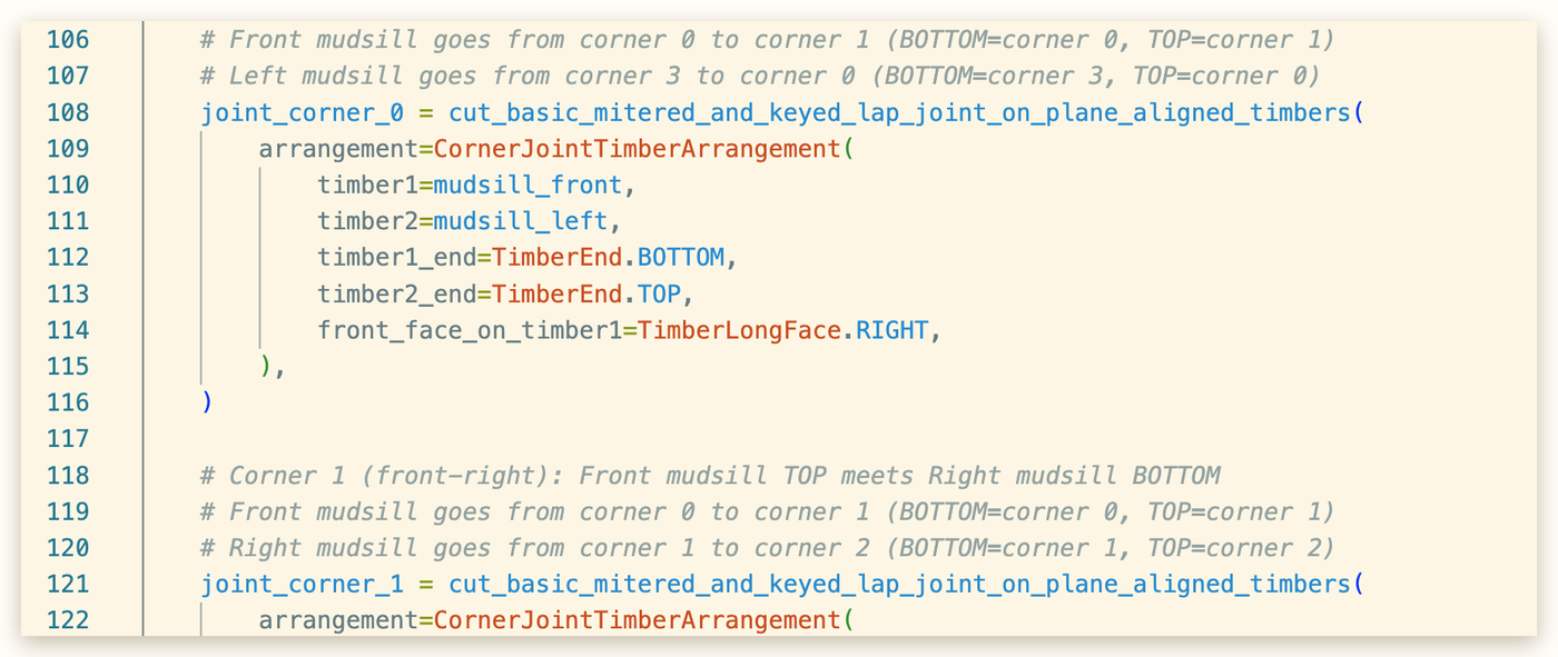 Python source declaring mitered and keyed lap joints at a frame corner