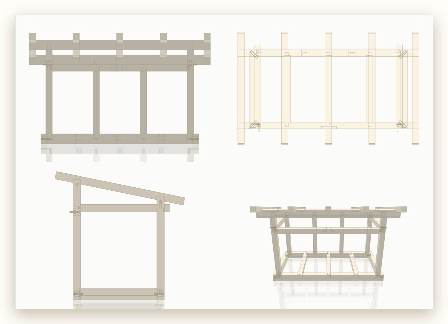 A generated sheet: front elevation, plan, side elevation and isometric
